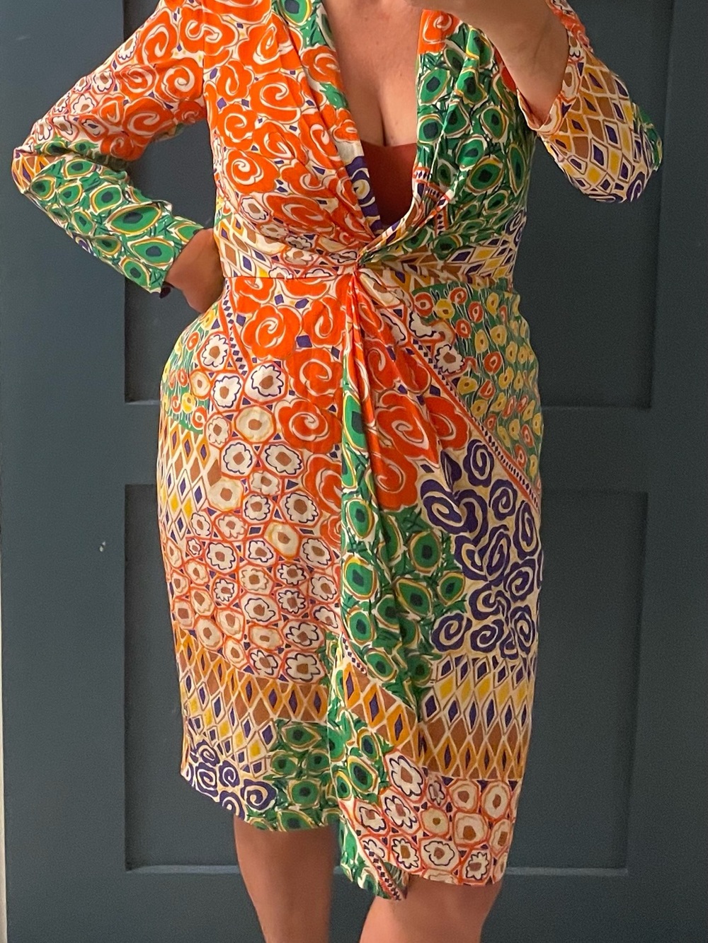 Vibrant Vintage Twist-Front Midi Dress in Green & Orange 100% Silk